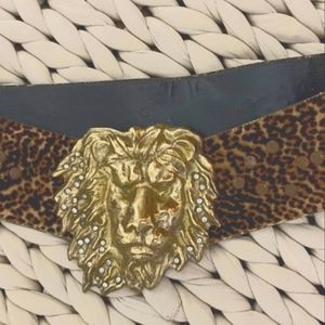 Cheetah Skin Belt With Brass Lion Buckle